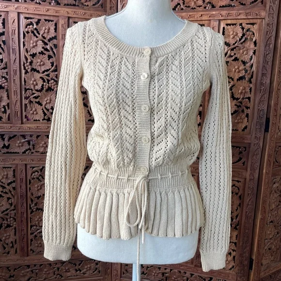 Vintage Adorable Cream Crochet Knit Button-Front Sweater with Drawstring Waist - Picture 1 of 7